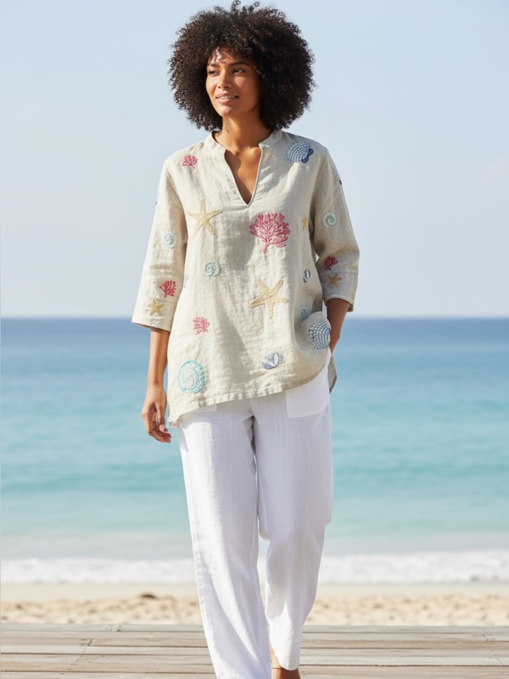 Women’s Barbara Gerwit Linen Nautical Tunic | XL | Resort | Beach | Coastal